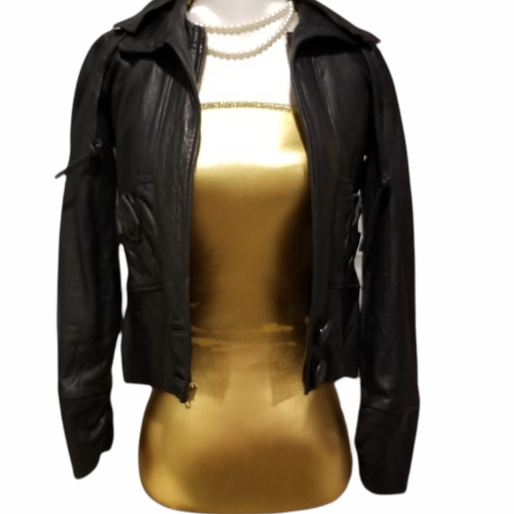 MIKE & CHRIS Genuine Leather Jacket Navy Blue/ (Grayish Blue) Detachable Hood - Picture 3 of 14